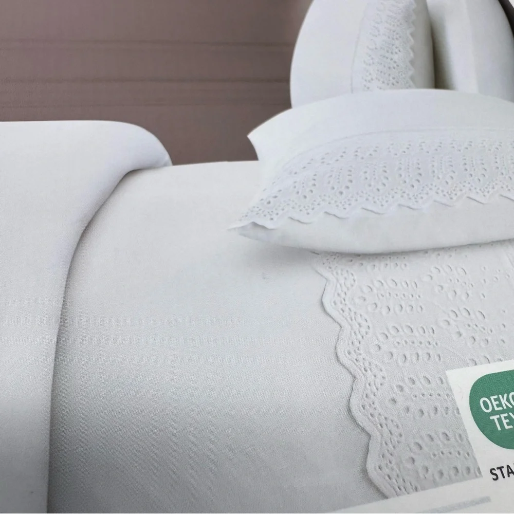 RACHEL ASHWELL KING Sheet Set White 200tc Cotton Percale Eyelet Scalloped Trim